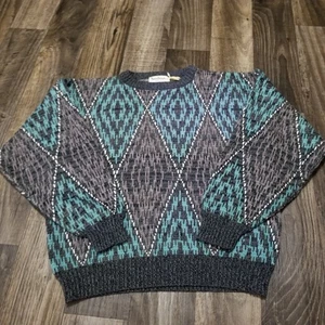 Vintage Santana Sweater Mens Medium Geometric Diamonds Knit Pullover 90s - Picture 1 of 10