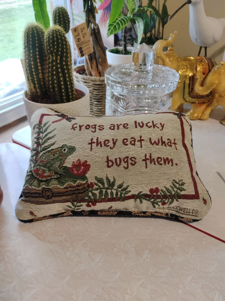 S.A Maxwell Frogs Are Lucky They Eat What Bugs Them. Tapestry 12”x 7.5” Pillow  - Image 1 of 4