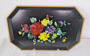Bandeja Tole Ware de Colección Negra Floral Pintada a Mano Metal Cottagecore 16.5” x 10.5” - Imagen 1 de 7
