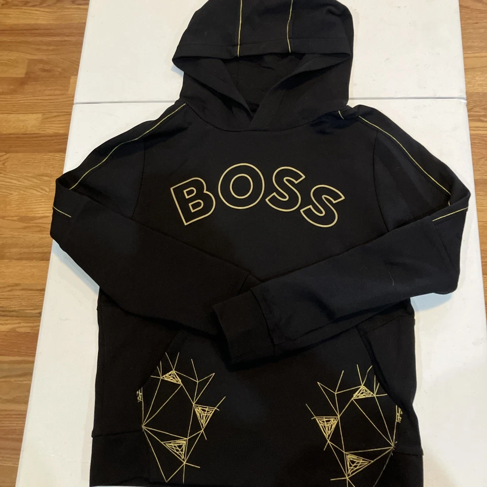 Hugo Boss Boys Hoodie Gold On Black  Size 12 Cotton Blend.  NWOT. - Image 1 of 4