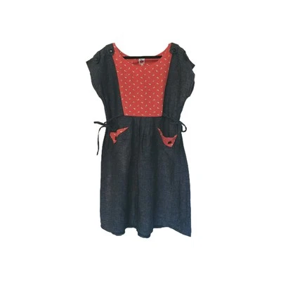 Made590 Linen Cotton Dress Size S Grey Red Floral Pockets - image 1 of 4