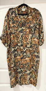 Vintage Adrianna Papell Dress Size 14 Silk Lion Tiger Big Cat Print Jungle Midi - Picture 1 of 13