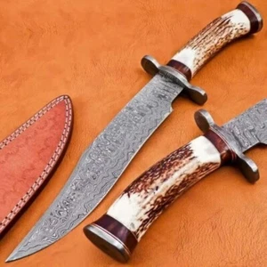 Hermoso cuchillo Bowie de caza con mango de cuerno de ciervo de acero Damasco hecho a mano personalizado - Imagen 1 de 5