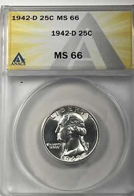 1942-D Washington Quarter : ANACS MS66  Blazing White - Image 1 of 4