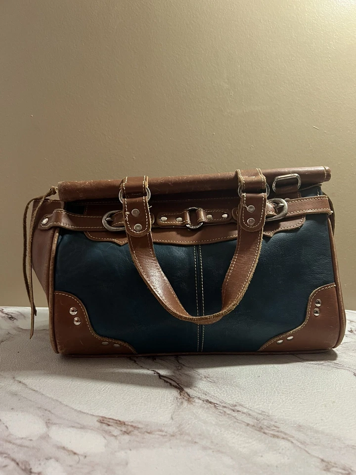 Bolso de mano vintage de cuero marrón azul AMERICAN WEST con tachuelas Foto 1 de 4