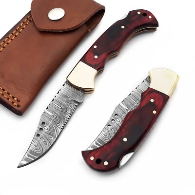 Cuchillo de bolsillo plegable con bloqueo trasero hecho a mano Damasco camping EDC cuchillo de caza Pouc Foto 1 de 4