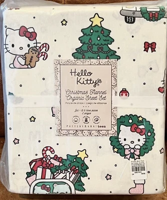 NEW Pottery Barn Teen Hello Kitty Christmas Holiday Flannel Sheet Set, Full Size - Image 1 of 3
