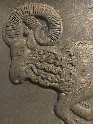 Antique / Vintage Hand Carved Wooden Wall Plaque - Charging Ram / Goat Decor • 39.32£