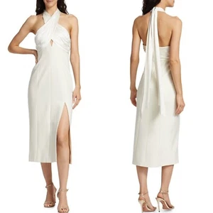 NEW Cinq à Sept IVORY Archer SATIN Crossover-Neck FRONT SLIT Midi DRESS 0 - Picture 1 of 16