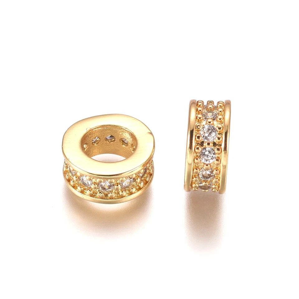 10pcs 8mm Golden Rondelle Brass Clear Cubic Zirconia European Large Hole Beads - Image 1 of 1