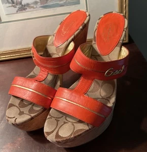 Coach Jonah Leather Wooded Wedge Sandals Women' s Size 8B Orange Gold - Picture 1 of 10