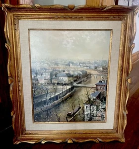 Lucien DeLarue dipinto olio originale francese tela paesaggio via d'acqua firmato - Foto 1 di 22