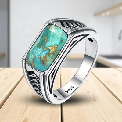Anello da uomo in argento sterling 925 turchese pietra a matrice naturale mis... - Immagine 1 di 4