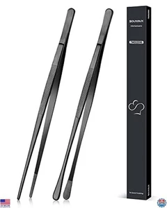 12" Stainless Steel Cooking Tweezers Tongs, Serrated Tips for BBQ & Plating - Picture 1 of 6