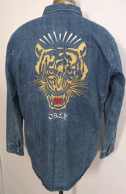 Camisa de mezclilla manga larga Obey Worldwide para hombre grande azul bordado tigre Foto 1 de 4