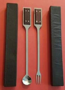 MCM Kraftware Stainless Teak 9" Relish Sauce Spoon & Appetizers Cheese Fork OB - Picture 1 of 9