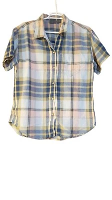 Liz Wear Blue Pink Tan Plaid Large 100% Cotton Pearl Snap Button Front Shirt - Image 1 of 4