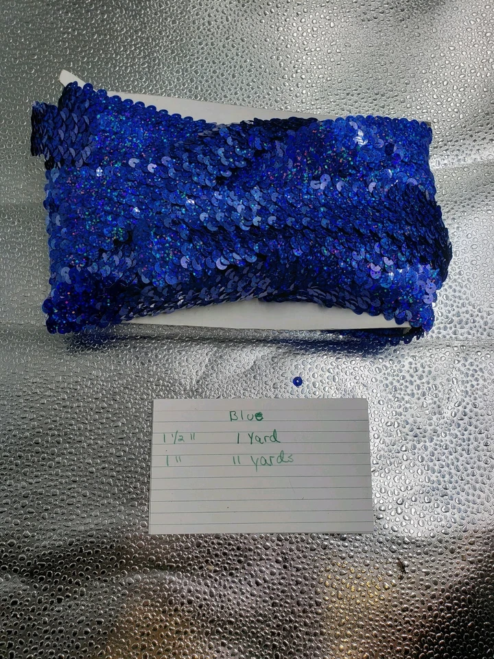  11 yardas 1" 1 yarda 1 1/2" tira de lentejuelas elásticas elásticas azules Foto 1 de 1