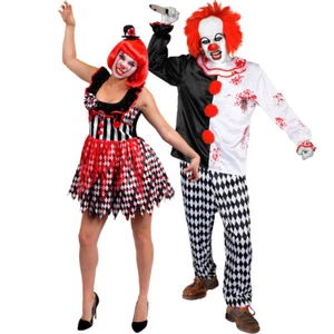 DELUXE KILLER CLOWN COUPLES COSTUME HALLOWEEN HORROR FANCY DRESS OUTFIT HIS HERS - Picture 1 of 6