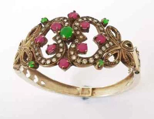 Vintage byzantinisches türkisches massives 925 vergoldetes Silber Rubin Smaragd Paste Armband Armreif - Bild 1 von 16