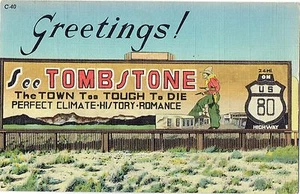 Valla publicitaria Roadside America ~ Saludos desde Tombstone AZ EE. UU. 80 ~ Vaquero ~ Lino - Imagen 1 de 2