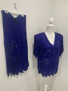 VTG 2 Piece Mark & John II Beads Sequins Blue Grandma Formal Skirt L Blouse M - Picture 1 of 24