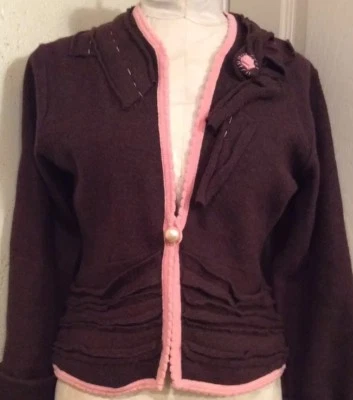 Cardigã suéter Anthropologie campo e flor marrom e rosa lã cozida USM EUC - Imagem 1 de 4