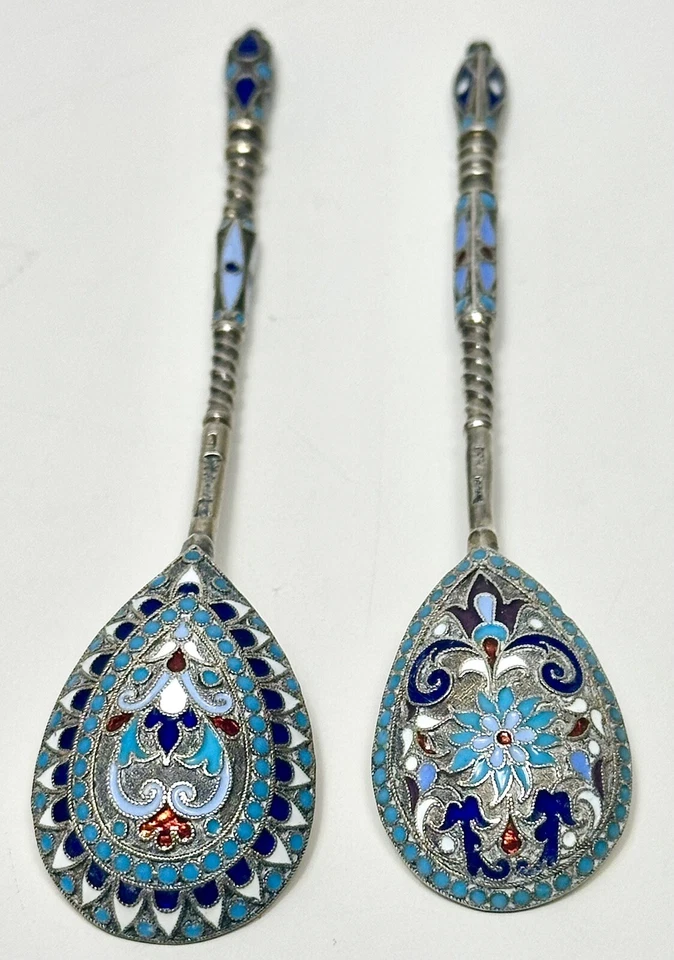 2 антикварные серебряные/эмалированные ложки клуазоне 0,875 от Gustav Klingert до 1899 г. - Изображение 1 из 4