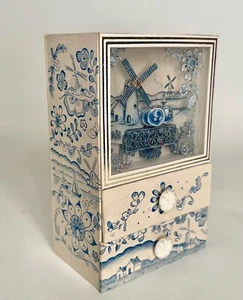 VTG Blue White Dutch Windmill Holland Japan Music Moving Jewelry Trinket Box - Picture 1 of 3