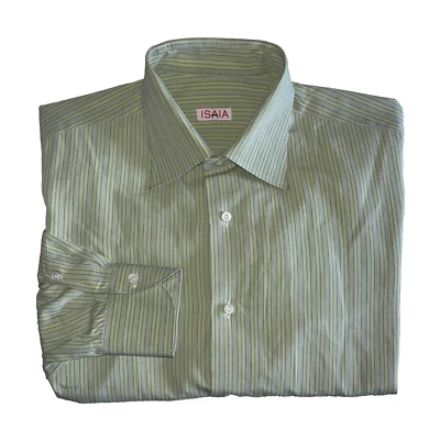 Isaia Men's Sz. 16" x 34" Green Stripe L/S Cotton Shirt Point Collar Italy - Image 1 of 4