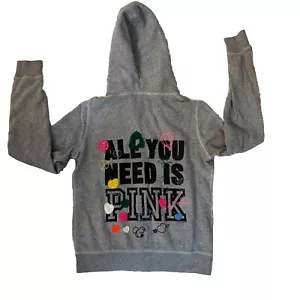 Victoria's Secret ALL YOU NEED IS PINK Zip Hoodie M Sweatshirt Soft Gray Peace - Picture 1 of 7