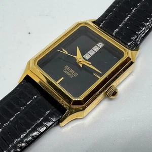 Benrus Quartz Watch Women Gold Tone Diamond Rectangle Leather Analog New Battery - Picture 1 of 6