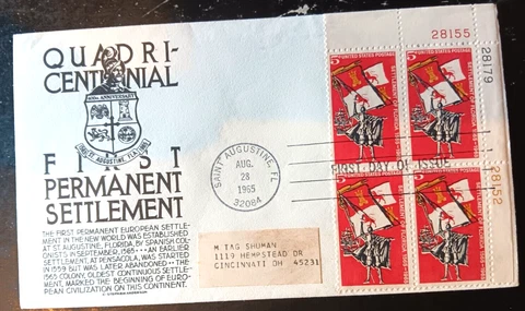 FLORIDA EXPLORER ST. AUGUSTINE FOUNDER AVILES 1965 FDC PLATE#BLOCK ANDERSON FDC Cover