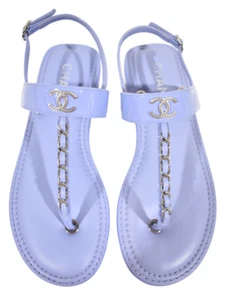 Chanel 22C Purple Patent Silver Chain CC Logo Mule Slide Flat Thong Sandal 37 - Picture 1 of 12