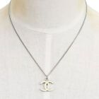 CHANEL Silver Plated CC Logos White Vintage Necklace #1322