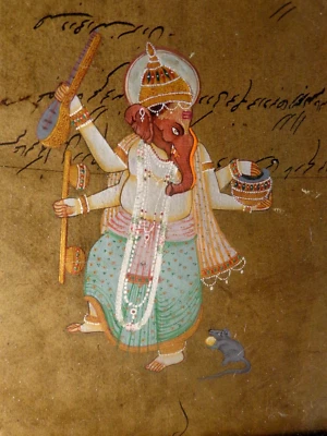 Lt 19th Century Ganesh  Indo-Persian  Indian Illuminated  Manuscript Page Framed - Image 1 of 4
