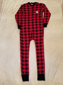 Lazy One Medium Pajama Sleeper Red Black Plaid One Piece Bear Cheeks - Picture 1 of 6