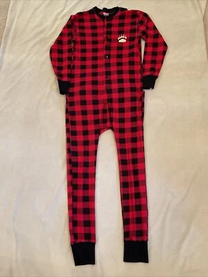 Lazy One Medium Pajama Sleeper Red Black Plaid One Piece Bear Cheeks - Image 1 of 4