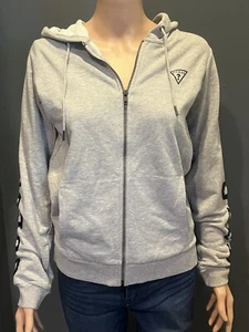 Women's Guess Size Medium Gray Hooded zip up Sweathshirt with sequin logo NWOT - Picture 1 of 12