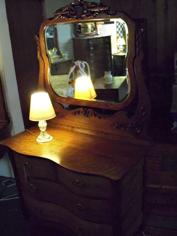 Antique Oak Dresser Low Boy  serpentine drawers Ornate carved beveled mirror Cover