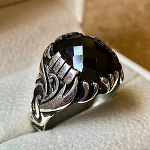 925 Sterling Silver Mens Ring with Black Zircon Gemstone Handmade Jewelry - Picture 1 of 8