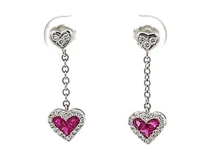 Ruby Heart Diamond Dangling Earrings in 14k White Gold - Picture 1 of 7
