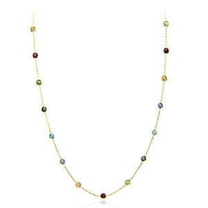 14K Yellow Gold Necklace with 4mm Round Multi Color Gemstones 20 Inches
