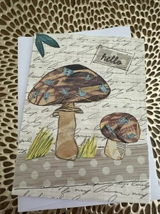 Greeting Card Mushroom Handmade Nature Multi Media Original Blank Folds - Picture 1 of 6