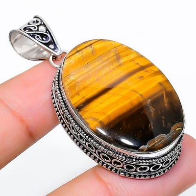 Occhio Di Tigre Gemma Artigianale Argento Sterling 925 Ciondolo Gioielli 5.3cm - Immagine 1 di 4