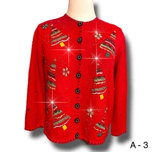 Planet & Co Sweater Women's Sz 2X Red Beads Christmas Trees Beaded Buttons - Picture 1 of 8