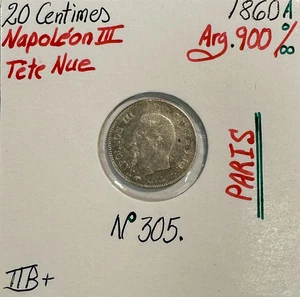 20 CENTIMES NAPOLEON III (1860A) Pièce de monnaie en Argent // Qualité : TTB - Foto 1 di 2