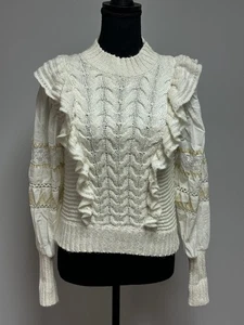 ByAnthropologie Zopfmuster Rüschen Pullover Puffärmel elfenbein feminin kuschelig Gr. S - Bild 1 von 7