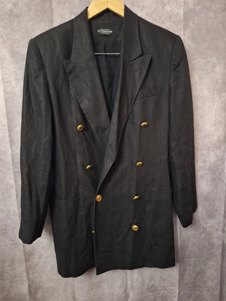 J Peterman Linen Blazer Womens Sz XL Double Breasted Black Gold Buttons Preppy - Image 1 of 4