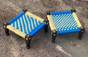 Handwoven Wooden Footstool Pair | Brass Fitted Low Stool Table Seat Accent - Picture 1 of 10